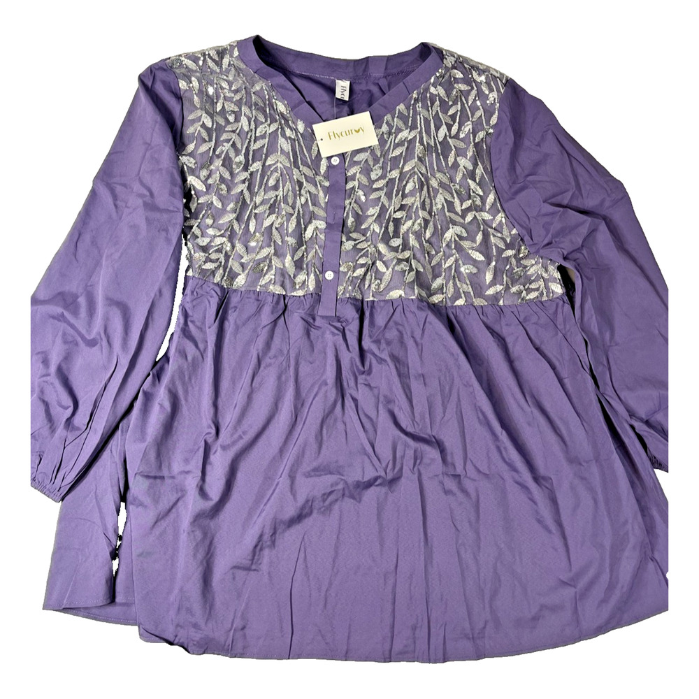 Flycurvy Embroidered Blouse Womens 5XL Purple Long Sleeve Top